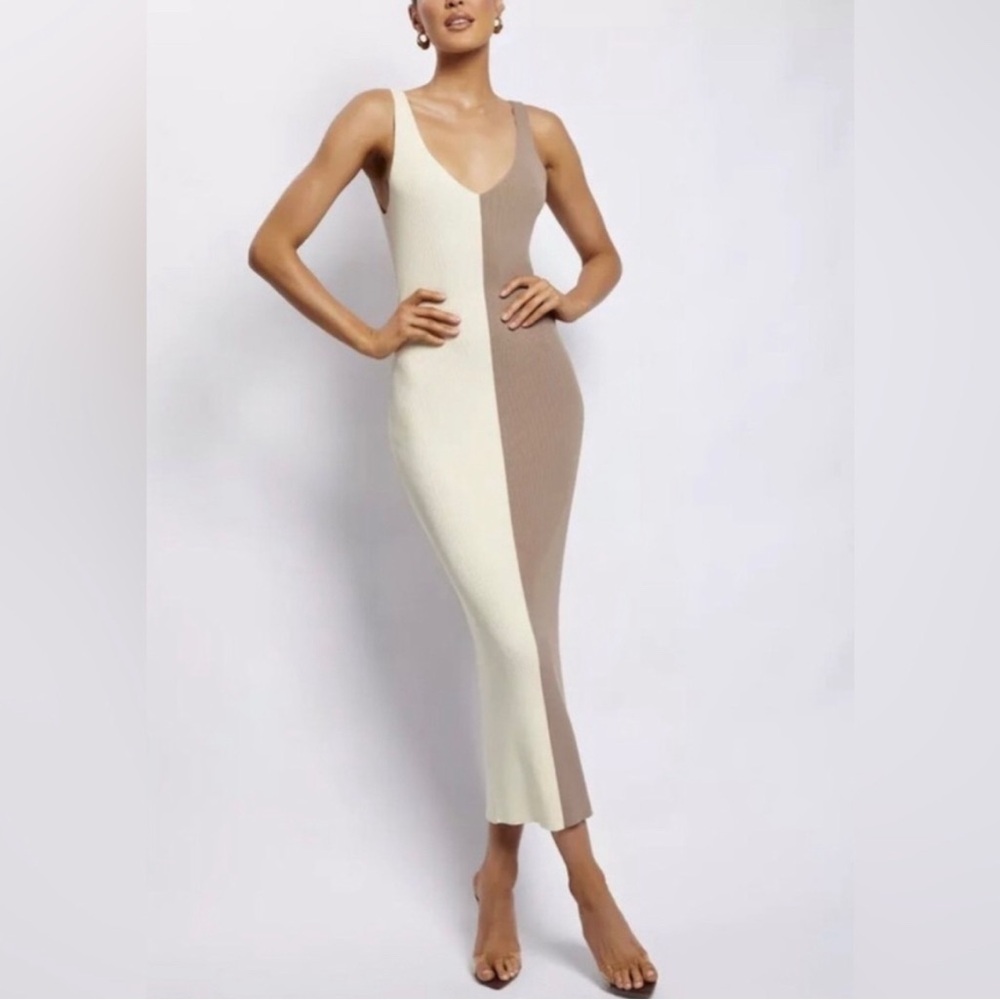 Meshki Two-Tone Midi Dress in Cream and Tan